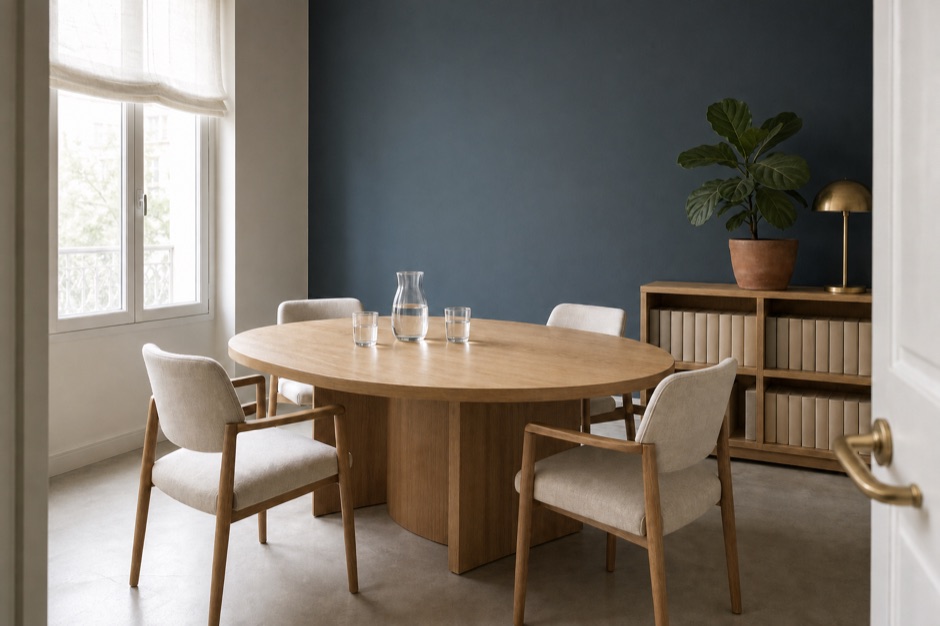 Sala de reuniones vacía con mesa ovalada de madera clara, cuatro sillas tapizadas en lino y un ventanal con luz de mañana.