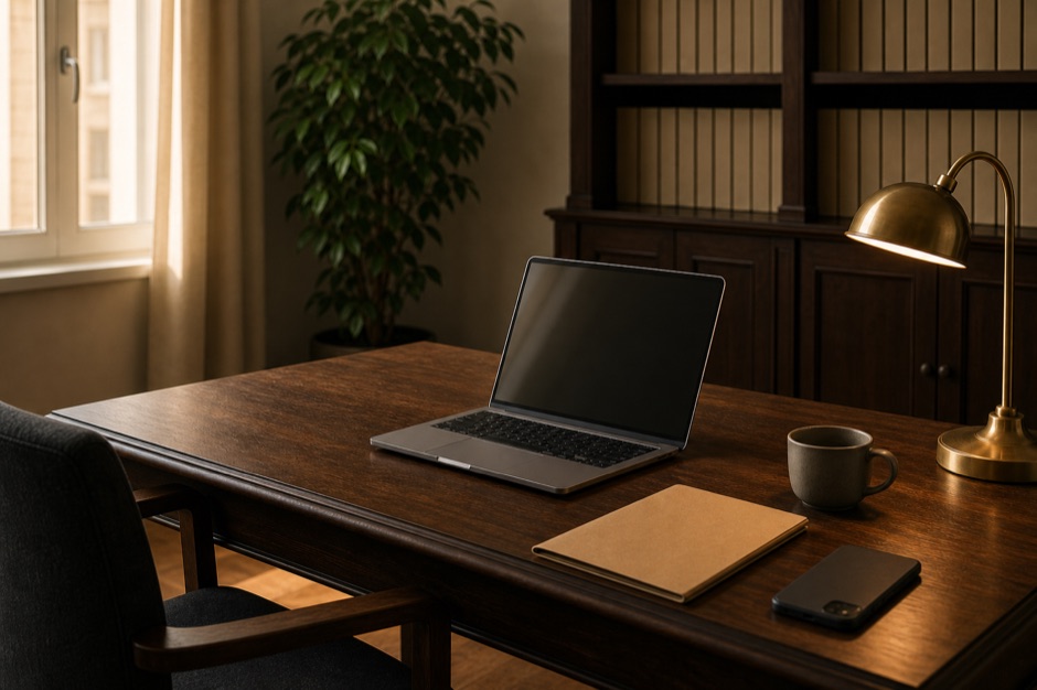 Portátil abierto sobre una mesa de madera con la pantalla apagada, junto a una carpeta, un teléfono boca abajo y una taza.