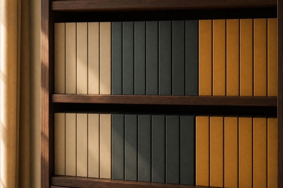 Dos baldas de una estantería llenas de archivadores de lomo liso, sin ninguna etiqueta, en tonos crema, verde y ocre.