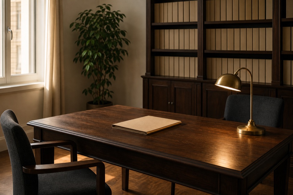 Mesa de trabajo de madera junto a un ventanal, con una carpeta cerrada, una lámpara de latón y una estantería de archivadores al fondo.