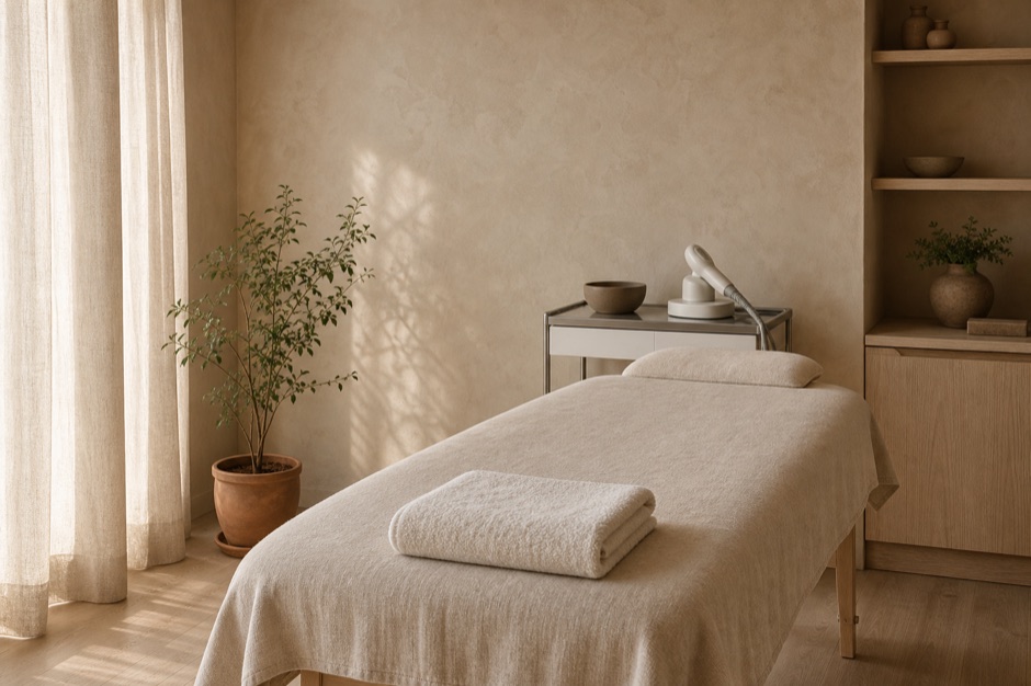 Cabina de tratamiento facial vacía, con la camilla vestida de lino y un carro de aparatología al lado.