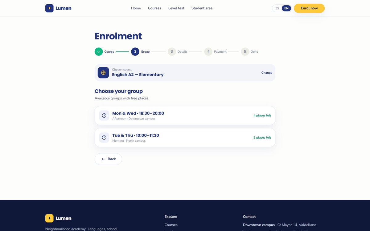 Lumen enrolment step showing group choices and available seats