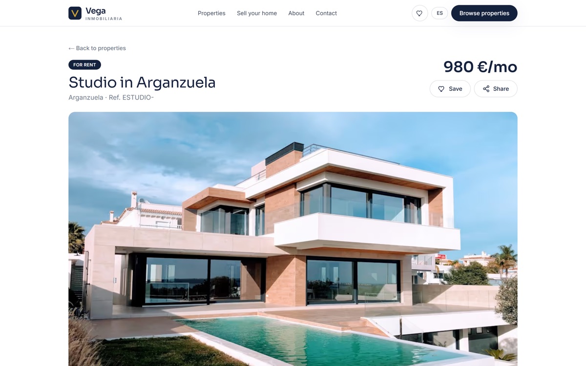 Vega property page with gallery, price, save and share actions