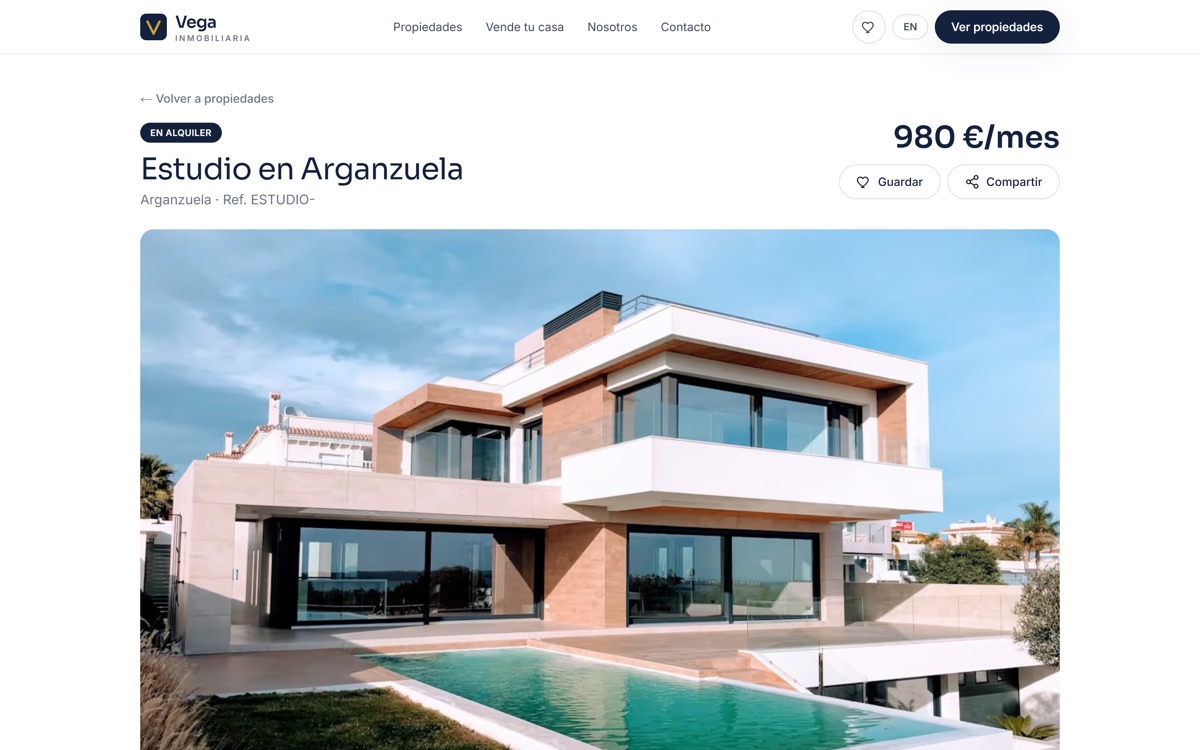 Ficha de una propiedad en Vega con galería, precio y acciones para guardar y compartir