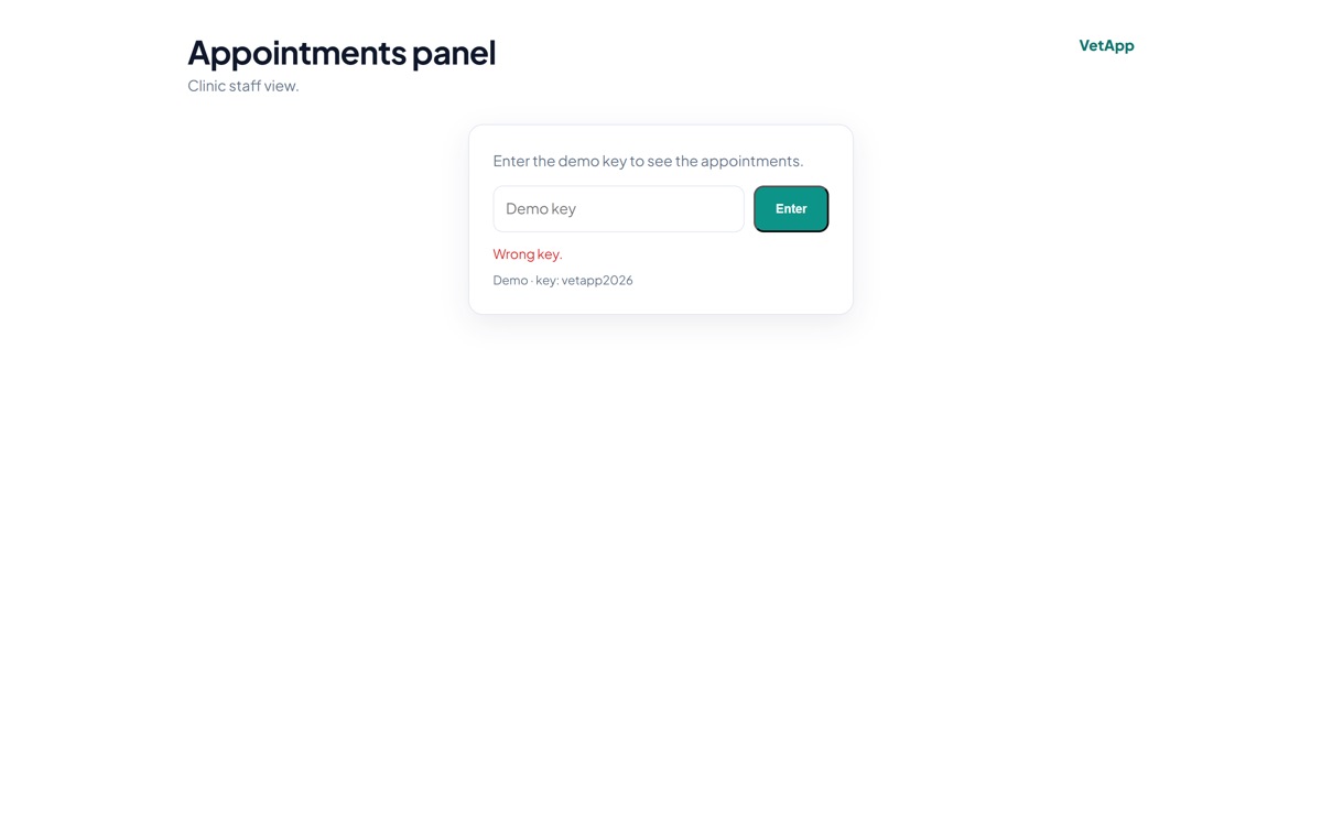 VetApp appointment dashboard with filters, patients and statuses