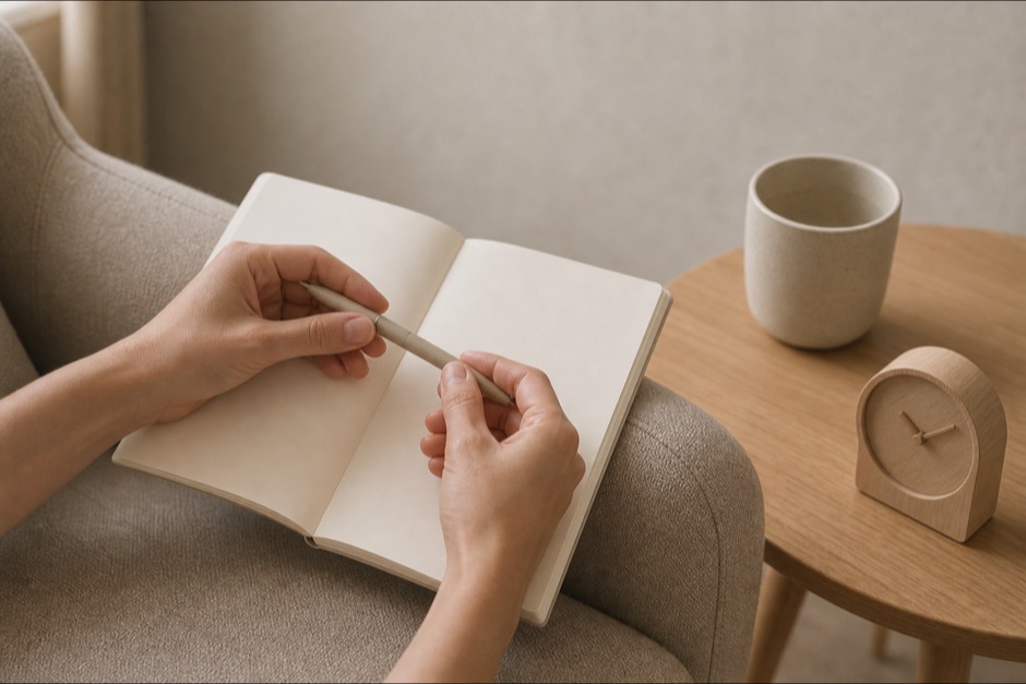 Detalle de unas manos con un bolígrafo sobre una libreta abierta y en blanco, apoyada en el brazo de una butaca, junto a una taza y un pequeño reloj de mesa.