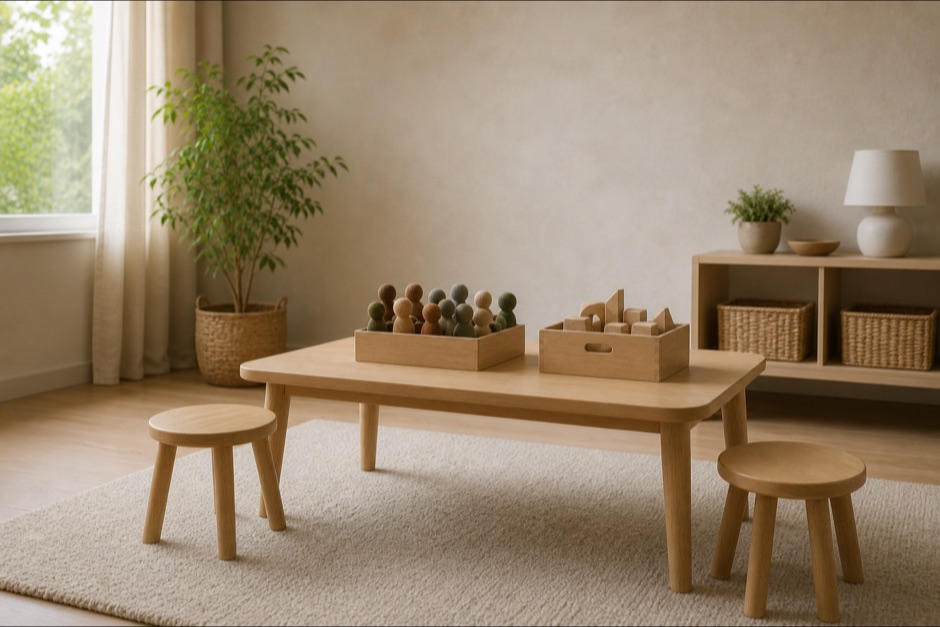 Sala infanto-juvenil vacía con una mesa baja de madera, dos taburetes pequeños y cajas abiertas con figuras de fieltro y bloques de construcción.
