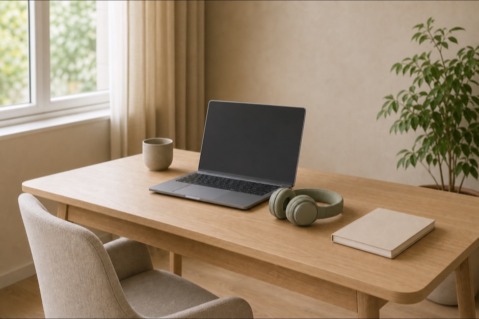 Escritorio de roble junto a una ventana, con un portátil abierto y la pantalla apagada, unos auriculares de diadema, una taza de cerámica y una libreta cerrada.