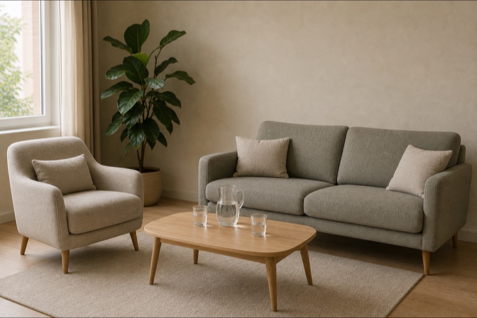 Sala de terapia de pareja vacía: un sofá de dos plazas en tela verde salvia y, enfrente, una butaca de lino, con una mesa baja de roble entre los dos.